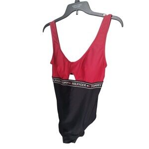 Tommy Hilfiger One Piece Swimsuit Women M Red Blue Logo Band Cutout Bathing Suit